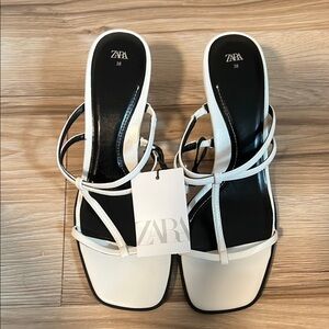 ZARA White Strappy Square-Toe Slide Sandals